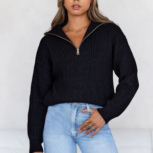 Hello Molly Black Half-Zip Ribbed Knit Sweater
